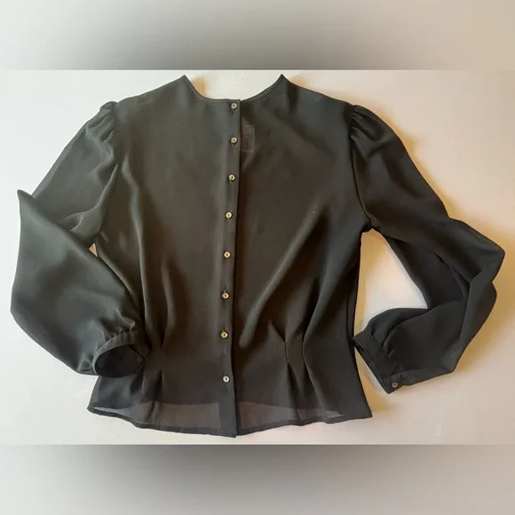 VINTAGE NEIMAN MARCUS Women’s Sheer‎ Black Long Sleeve Peplum Beaded Blouse Sz 4 - Picture 4 of 16